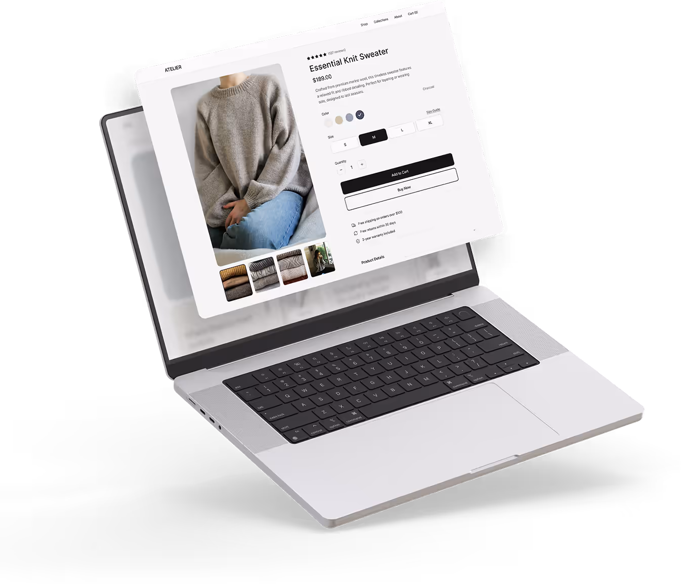 Open silver laptop displaying an online store page featuring a product with size and color options and purchase buttons.