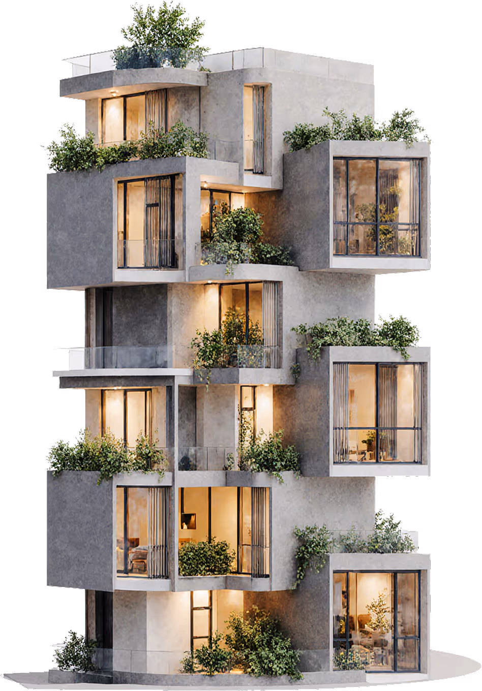 Modern residential community building with balconies and greenery