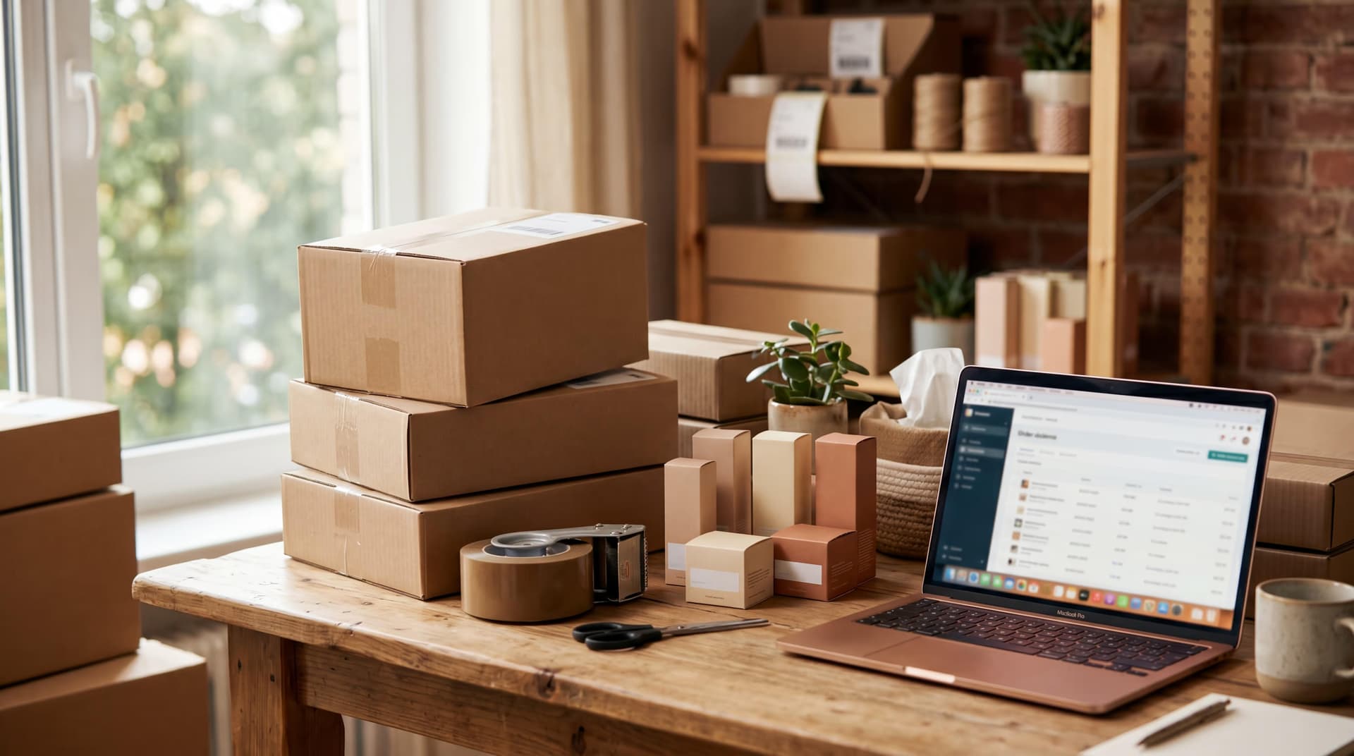 Small ecommerce seller's home fulfillment space with shipping boxes, packing supplies, and a laptop showing an online storefront
